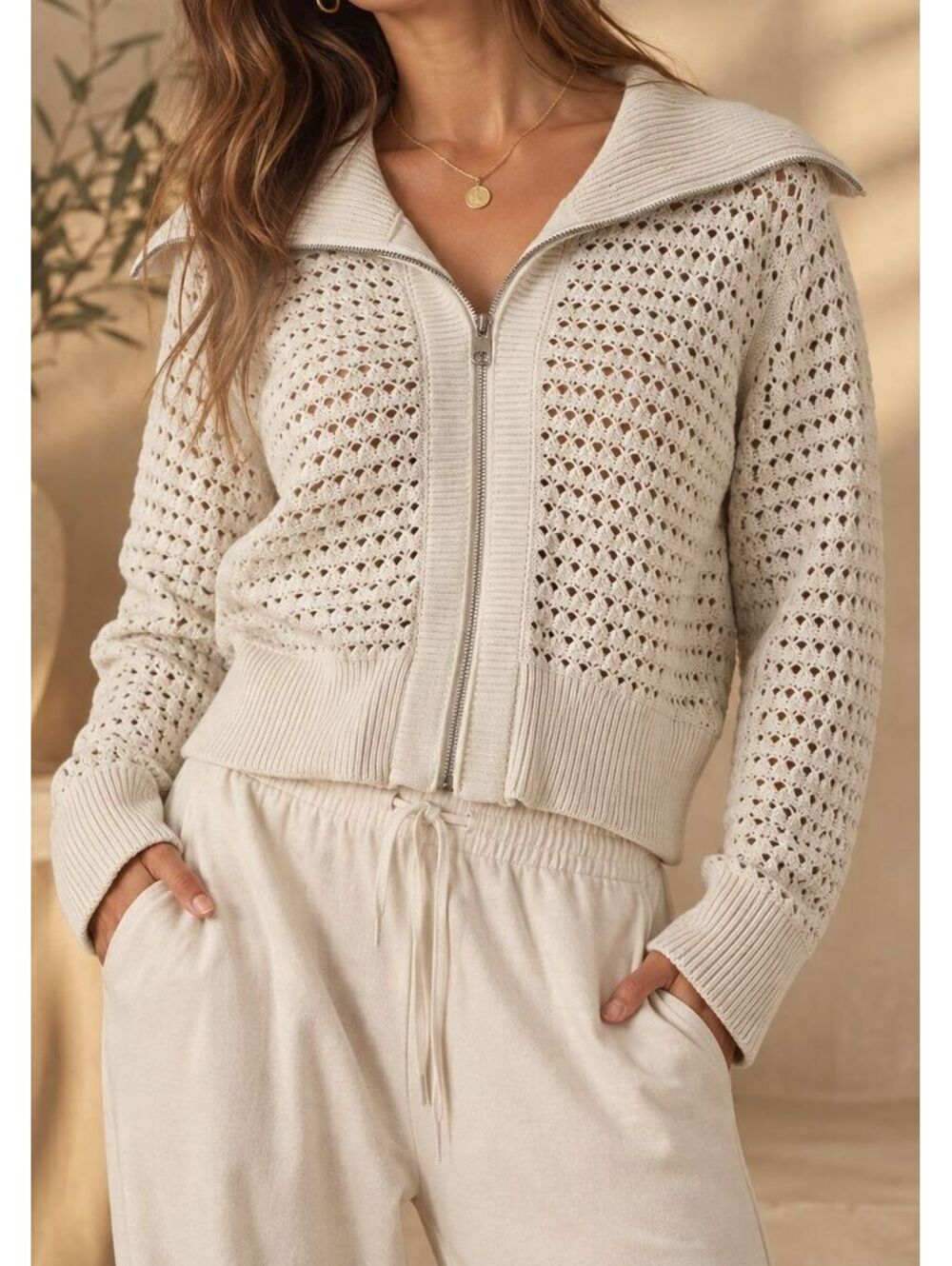 Varley Eloise Full Zip Pointelle Cotton Knit Sweater Cardigan Cream Womens